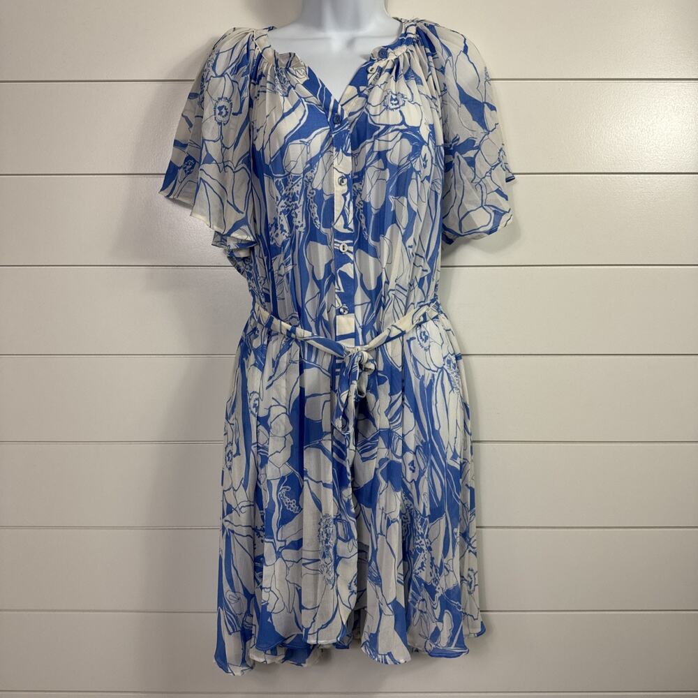 Anthropologie Pleated Button Front Dress Belted Blue White Floral Print sz M